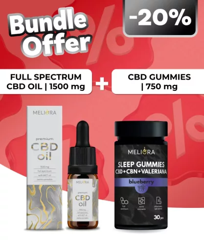Meliora Teljes Spektrumú 15% CBD olaj + Meliora CBD Gumicukor Sleep Gummies 30 db | Áfonya