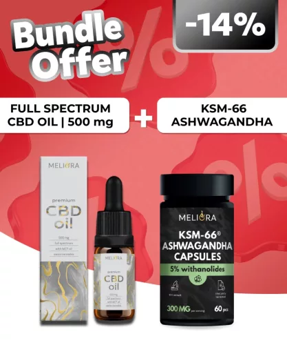 Meliora Teljes Spektrumú 5% CBD olaj + Meliora KSM-66® Ashwagandha kapszula | 60 db