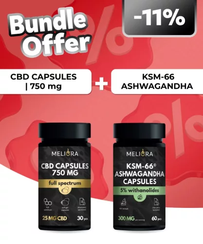 Meliora CBD kapszula 25 mg 30 db | 750 mg + Meliora KSM-66® Ashwagandha kapszula | 60 db