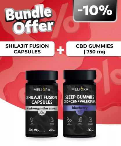 Meliora Shilajit Fusion kapszula | 60 db + Meliora CBD Gumicukor Sleep Gummies 30 db | Áfonya